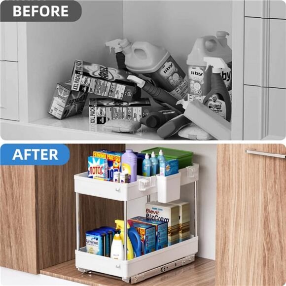 2-Tier Under Sliding Cabinet Basket Organizer with Hooks, (White) - Picture 3 of 7